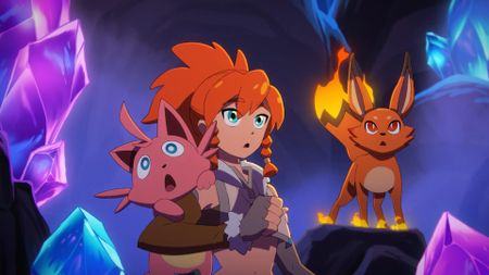 Screenshot from Palworld: Tides of Terraria's animated trailer, showing a ginger woman alongside two Pals looking up in awe at something off-screen while in a crytal-covered cave.