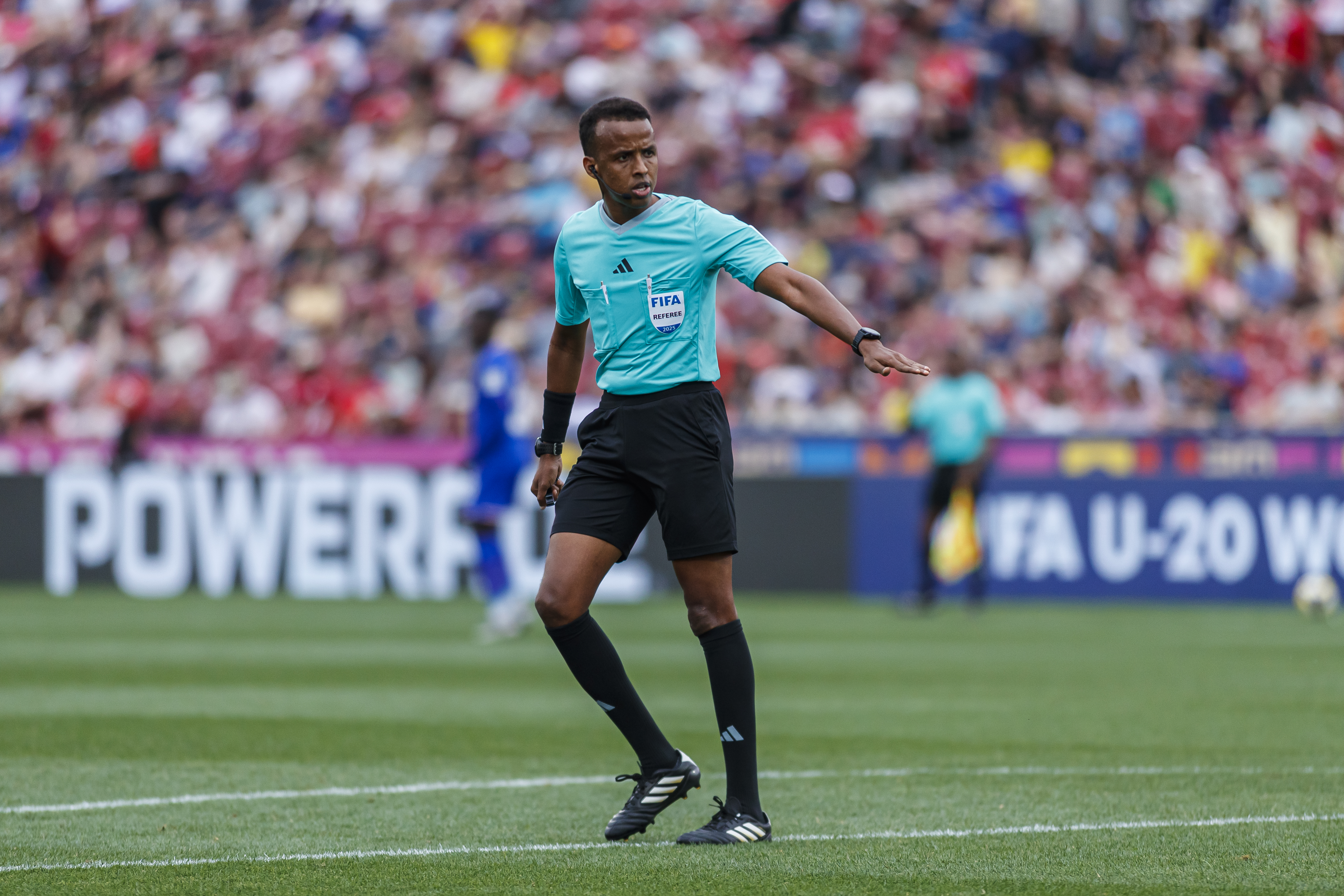 SANTIAGO, CHILE - OCTOBER 18: Referee Omar Artan gestures during the FIFA U-20 World Cup Chile 2025 third place match between Colombia and France at Estadio Nacional Julio Martinez Pradanos on October 18, 2025 in Santiago, Chile. (Photo by Mart&amp;iacute;n Fonseca/Eurasia Sport Images/Getty Images)