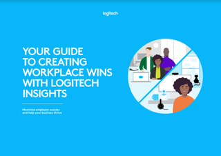 Blue whitepaper cover with circle graphic split in the middle with cartoon image of a female with colleagues on one side with laptop in an office, and desktop at home with pets on the other