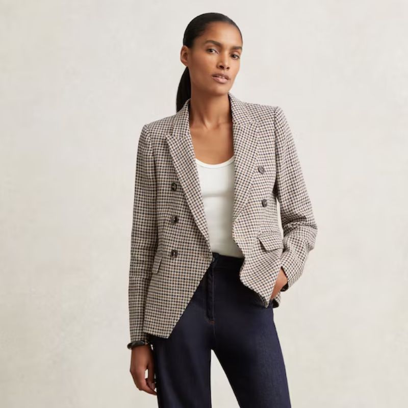Cotton-Linen Double-Breasted Houndstooth-Check Blazer on model 