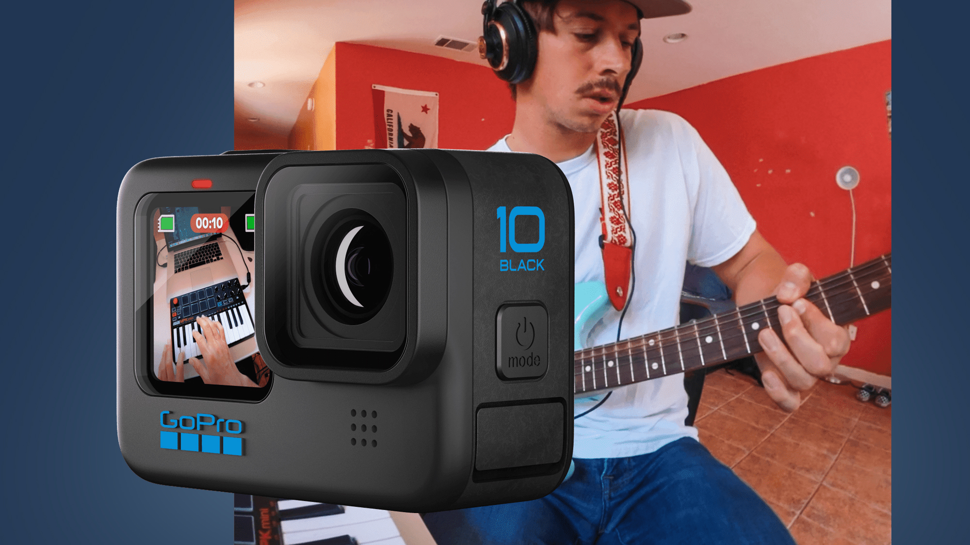 A man playing guitar while livestreaming on a GoPro