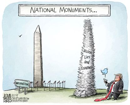 Political Cartoon U.S. Trump monument of lies 10000 Washington Twitter