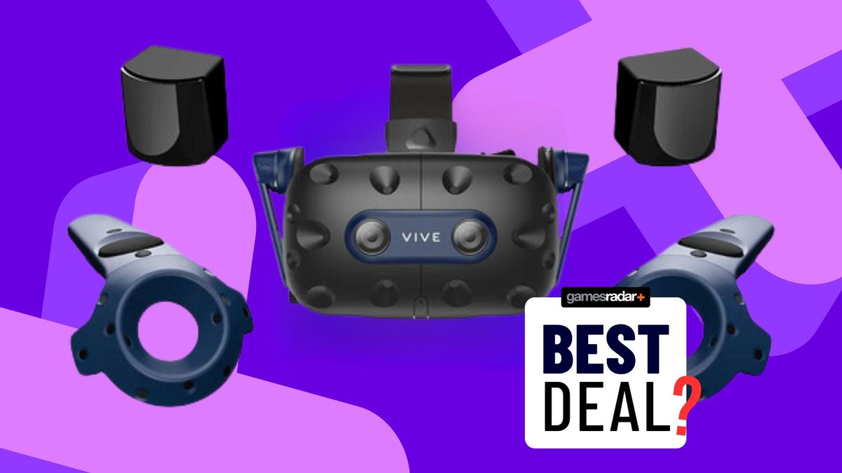 HTC Vive Pro 2&#039;s full kit on a purple background, in the bottom right there&#039;s a gamesradar best deal stamp with a red question mark over it