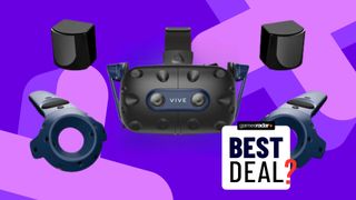 HTC Vive Pro 2's full kit on a purple background, in the bottom right there's a gamesradar best deal stamp with a red question mark over it