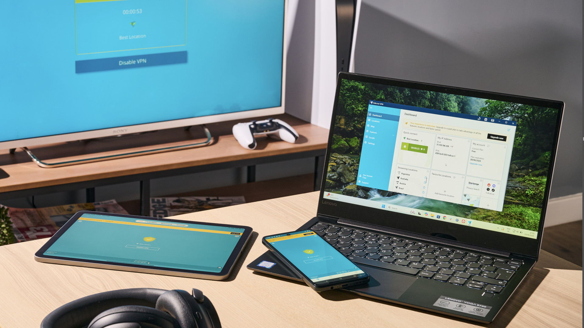 Hide.me Free VPN running on a laptop, phone, tablet and TV.