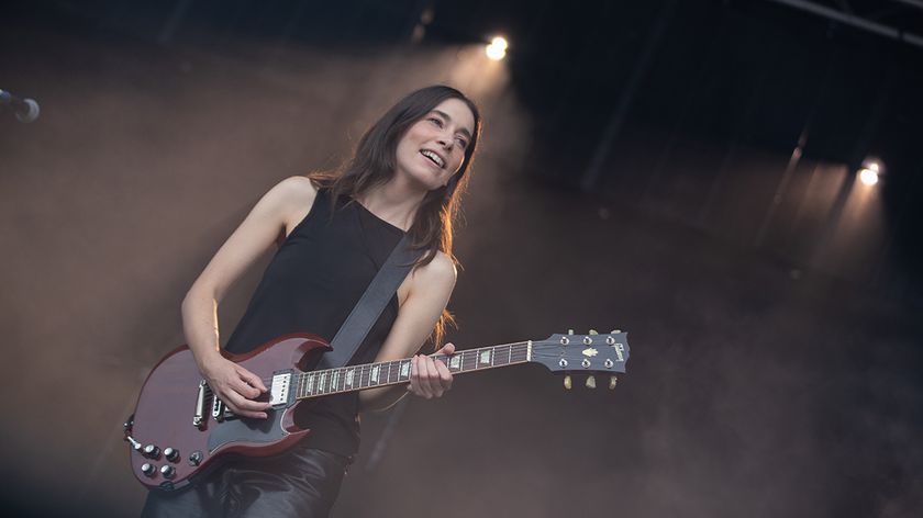 Danielle Haim of Haim performs a secret set during day four of Glastonbury festival 2025 at Worthy Farm, Pilton on June 28, 2025 in Glastonbury, England