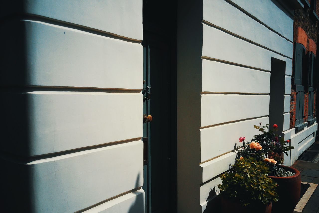 Photograph taken with the RewindPix digital compact showing a doorway in a white house with flowers outside, Cyberwarm film look