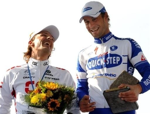 Cancellara and Boonen share a joke on the podium.