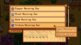 The in-game Stardew Valley shop menu accessible via the cheat command "debug iq ALL_ITEMS" - in the menu here, it shows every Watering Can upgrade available for free thanks to the cheat.