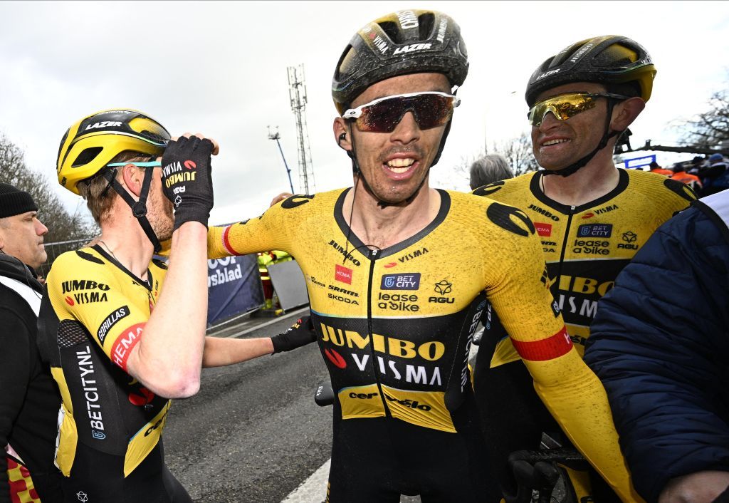 Dutch Dylan Van Baarle of JumboVisma celebrates after winning the 78th edition of the mens oneday cycling race Omloop Het Nieuwsblad 2073 km from Gent to Ninove Saturday 25 February 2023BELGA PHOTO JASPER JACOBS Photo by JASPER JACOBS BELGA MAG Belga via AFP Photo by JASPER JACOBSBELGA MAGAFP via Getty Images