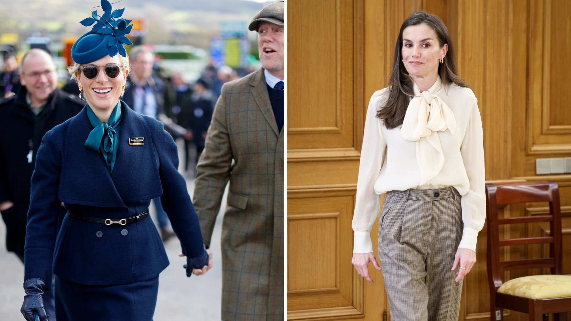 A composite of two pictures, one of Zara Tindall at Cheltenham and one of Queen Letizia, both with them wearing pussybow blouses