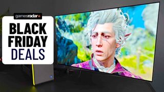 Philips Evnia OLED gaming monitor with Astarion from Baldur's Gate 3 on screen and Black Friday Deals badge on left 