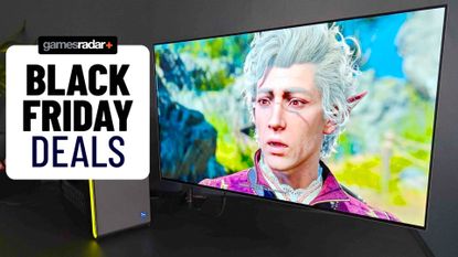 Philips Evnia OLED gaming monitor with Astarion from Baldur's Gate 3 on screen and Black Friday Deals badge on left 