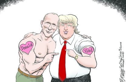 Political cartoon U.S. Trump and Putin matching tattoos