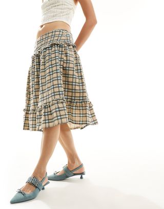 Motel Ruffle Check Print Knee Length Skirt in Pastel Blue