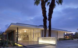 Palm springs art museum entrance lit up at night