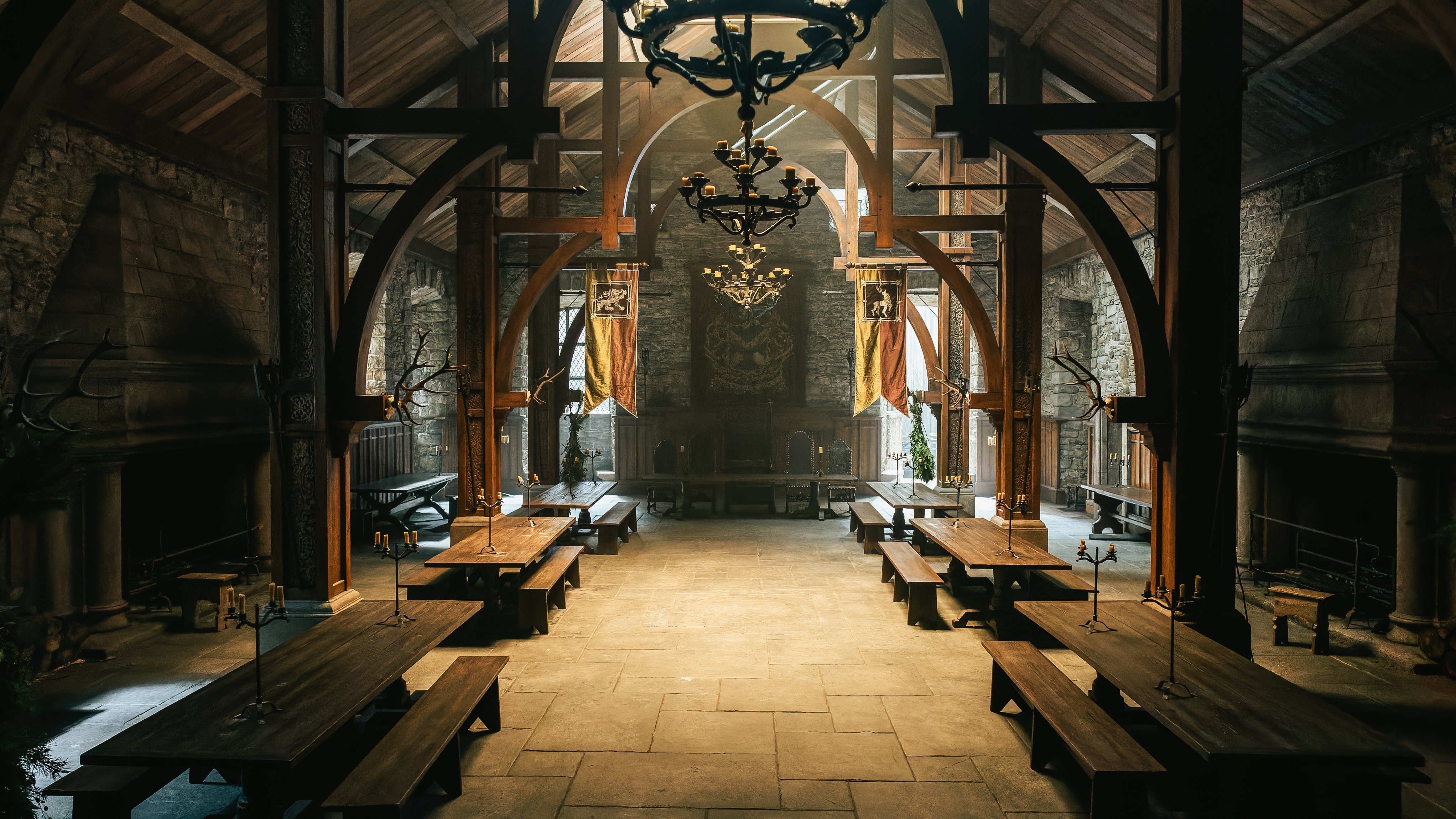 The great hall of Castle Leoch on the set of Outlander: Blood of my Blood.