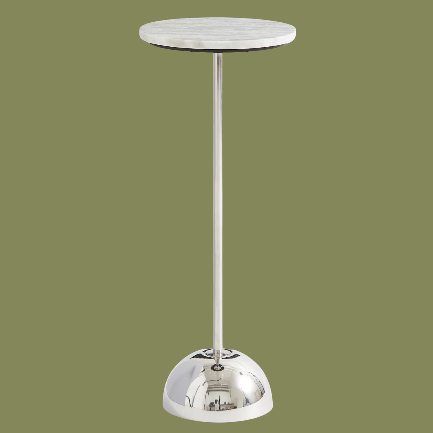 A marble top metal pedestal with a chrome base
