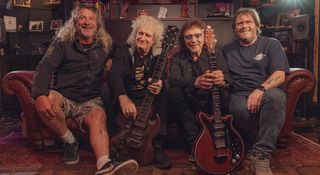 Mike Exeter and friends: [from left]: Pete Malandrone, Brian May (with Tony Iommi’s guitar), Iommi (with May’s guitar) and Mike Exeter