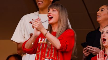 Taylor Swift reacts during pregame introductions during the game between the Kansas City Chiefs and the Los Angeles Chargers.