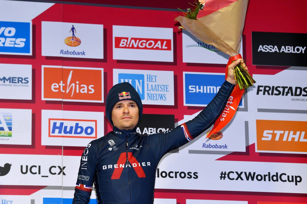 HOOGERHEIDE NETHERLANDS JANUARY 23 Thomas Pidcock of The United Kingdom and Team INEOS Grenadiers celebrates winning the third place on the podium ceremony after the 32nd GP Adrie Van der Poel Hoogerheide UCI CycloCross Worldcup 2022 Mens Elite CXWorldCup on January 23 2022 in Hoogerheide Netherlands Photo by Luc ClaessenGetty Images