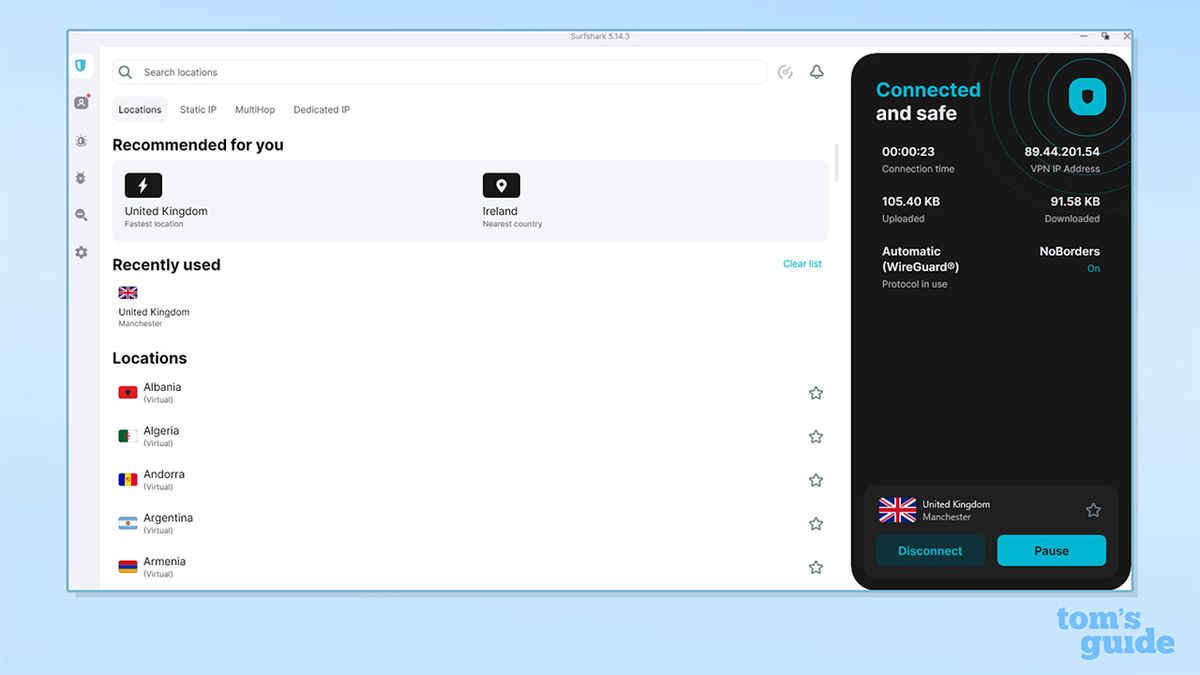 The homepage of Surfshark's Windows app.
