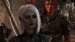 A Drow Tav from Baldur's Gate 3 with modded skin textures and piercings. Karlach stand just to her right in the background. 