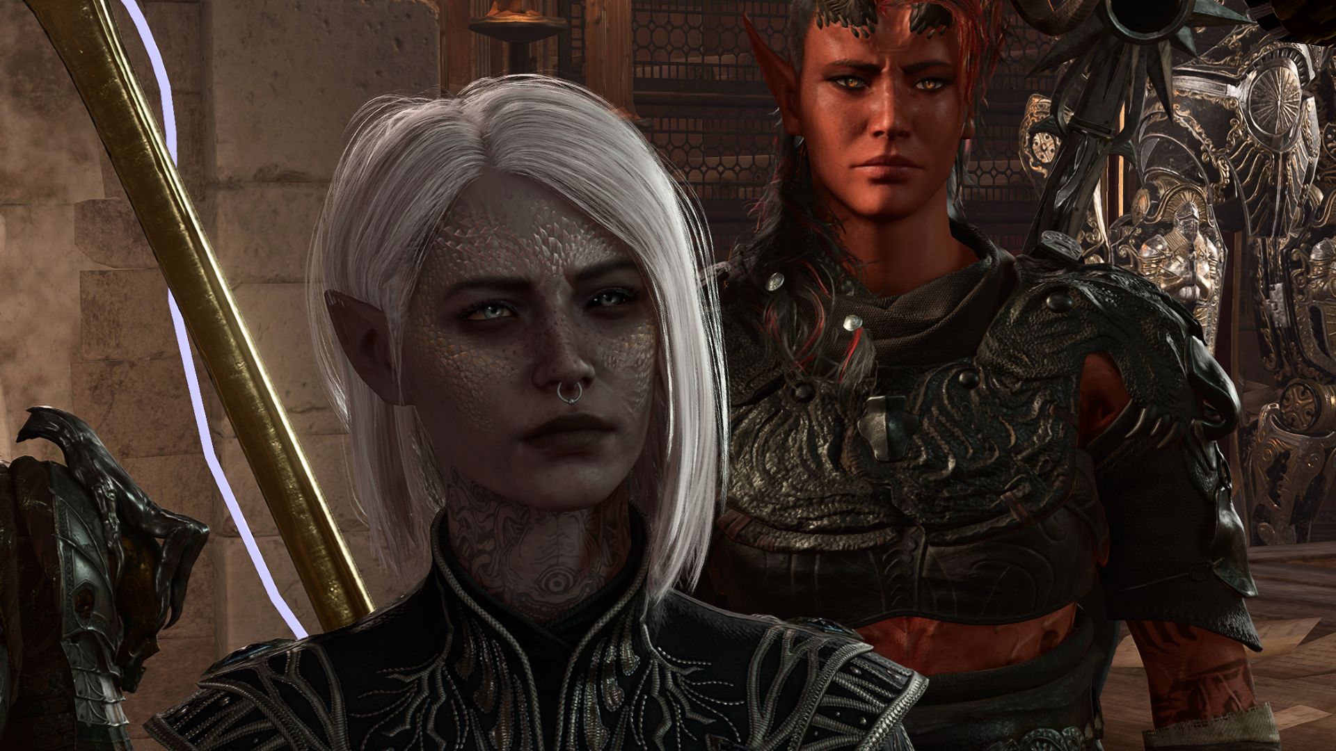 A Drow Tav from Baldur&#039;s Gate 3 with modded skin textures and piercings. Karlach stand just to her right in the background. 