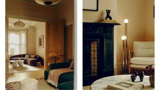 a pale pink living room with a curved brown sofa viewed from an adjoining room, and a close up of the fireplace