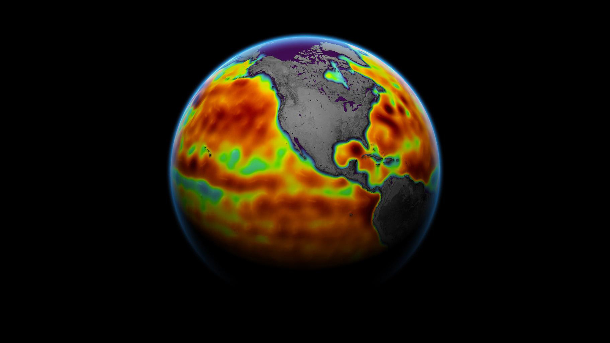 In this map of Earth in 2021, we see sea level as measured by Michael Freilich's Sentinel-6 satellite.  Regions in red have above-normal sea levels, while blue zones have below-normal sea levels.