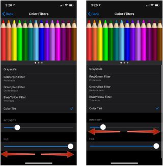 Changing Color Tint, showing how to drag the Hue slider, then drag the Intensity slider