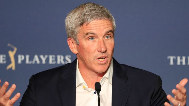 Jay Monahan addresses the press at the 2020 Players Championship