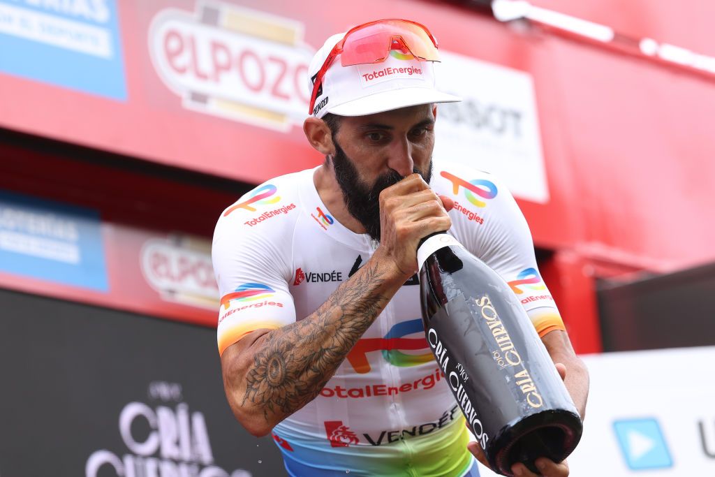 OLIVA SPAIN SEPTEMBER 01 Geoffrey Soupe of France and Team TotalEnergies celebrates at podium as stage winner during the 78th Tour of Spain 2023 Stage 7 a 2008km stage from Utiel to Oliva UCIWT on September 01 2023 in Oliva Spain Photo by Alexander HassensteinGetty Images