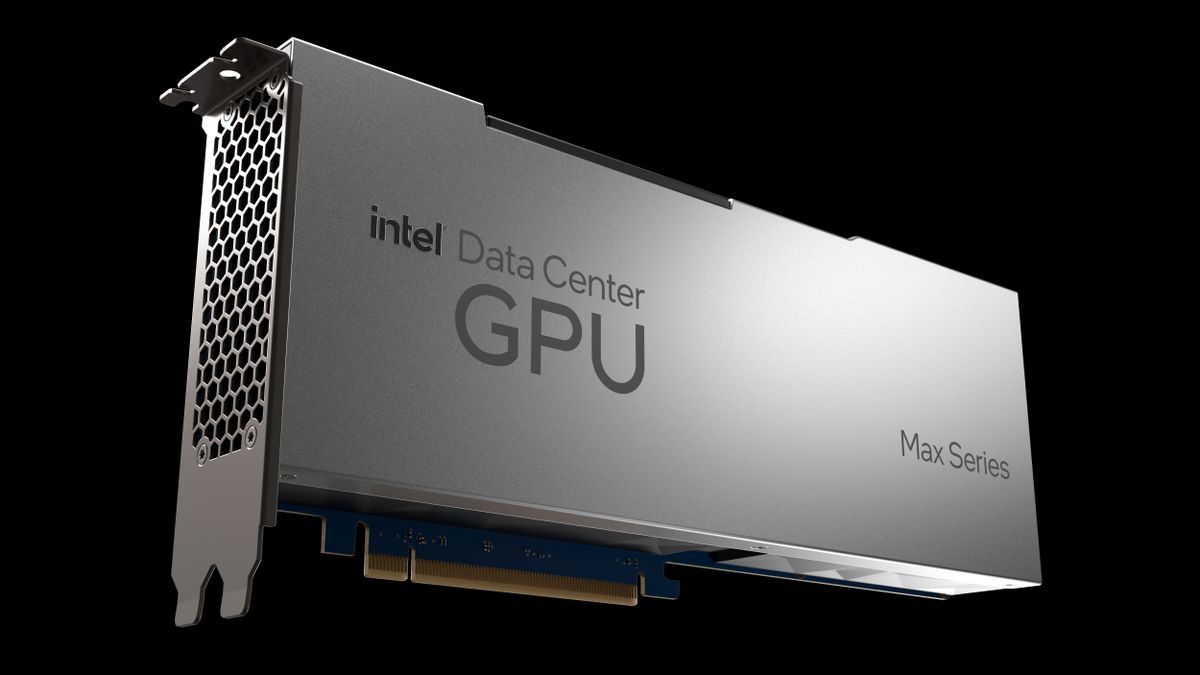 A close up photo of a silver graphical processing unit on a black background with the words &amp;#039;Intel Max Series GPU&amp;#039; displayed on the side