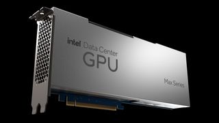 A close up photo of a silver graphical processing unit on a black background with the words 'Intel Max Series GPU' displayed on the side