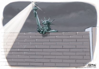Political Cartoon U.S. Statue of liberty wall security
