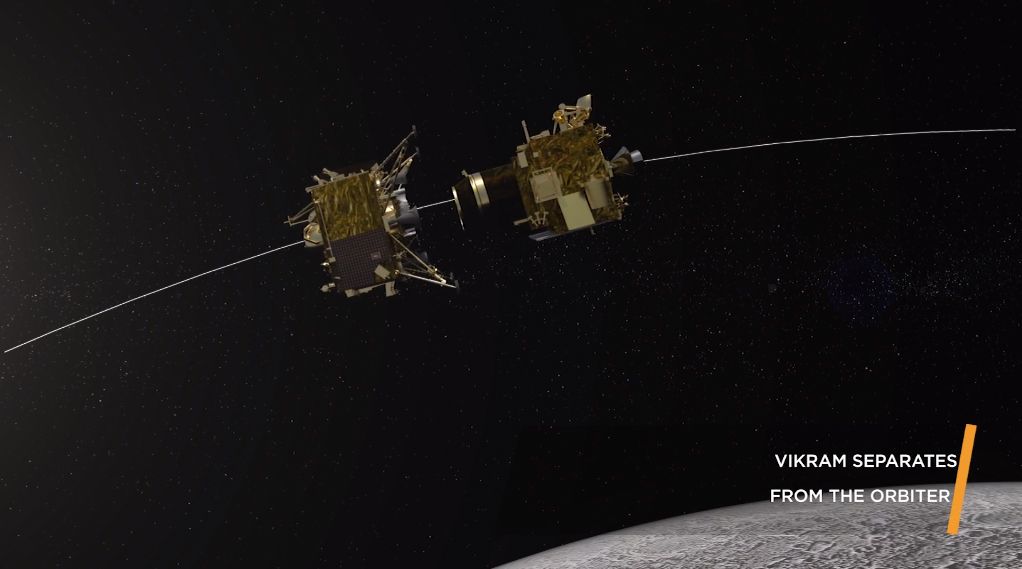 On Sept. 2, the Indian Space Research Organisation&#039;s Chandrayaan-2 moon orbiter successfully released its Vikram lander, as seen in this illustrated depiction. But Vikram&#039;s landing attempt on Sept. 6 did not go as planned; mission control lost contact with Vikram just before touchdown, and the lander has been silent ever since. 