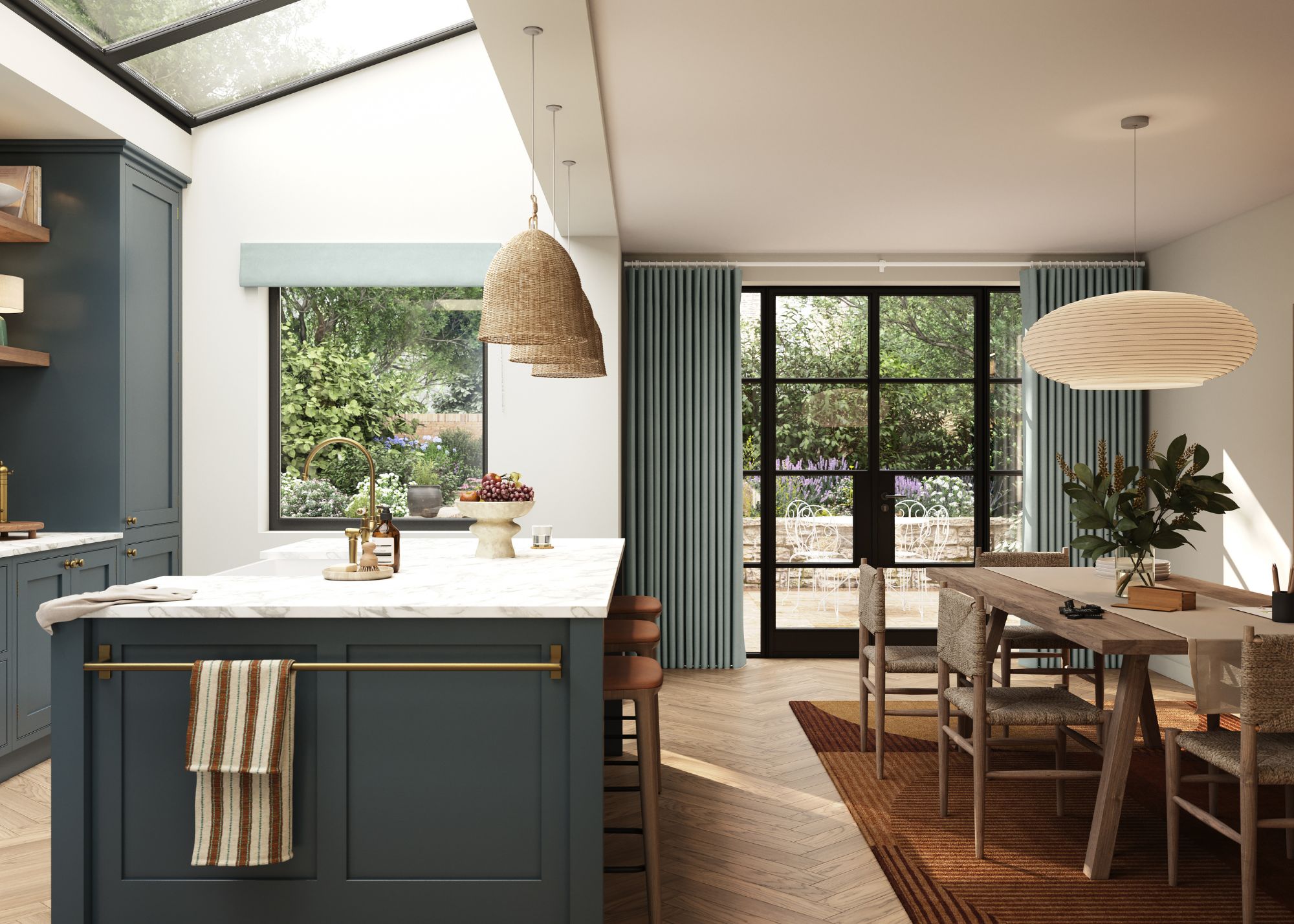 modern kitchen with muted blue cabinets, white walls, skylight and wooden dining table and chairs, doors to garden with blue curtains