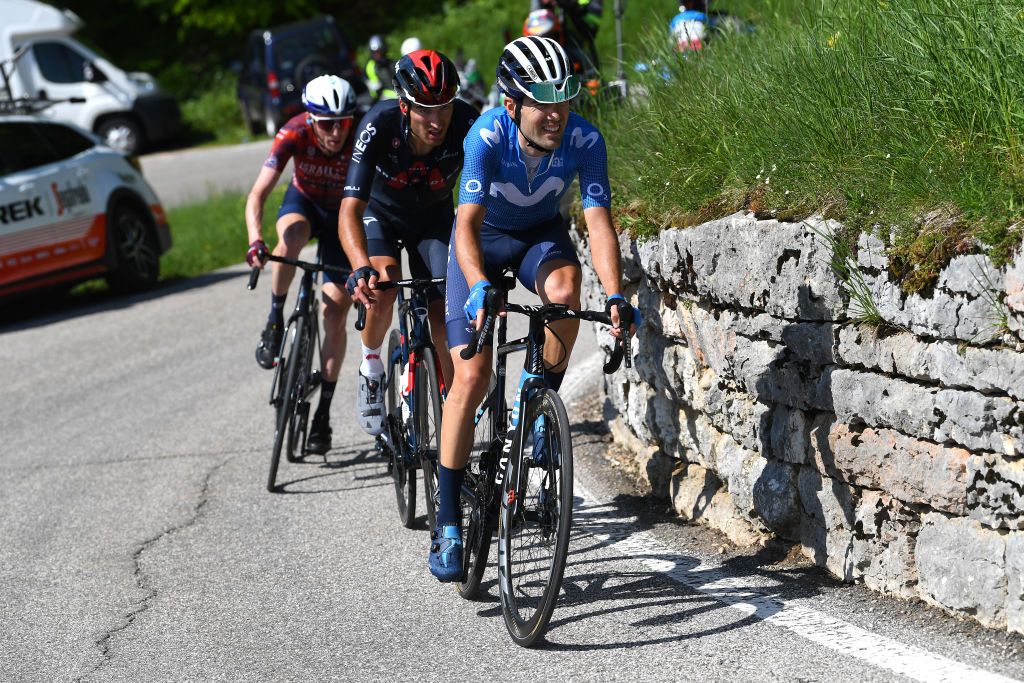 SEGA DI ALA ITALY MAY 26 Daniel Martin of Ireland and Team Israel StartUp Nation Gianni Moscon of Italy and Team INEOS Grenadiers Antonio Pedrero Lopez of Spain and Movistar Team during the 104th Giro dItalia 2021 Stage 17 a 193km stage from Canazei to Sega di Ala 1246m UCIworldtour girodiitalia Giro on May 26 2021 in Sega di Ala Italy Photo by Tim de WaeleGetty Images