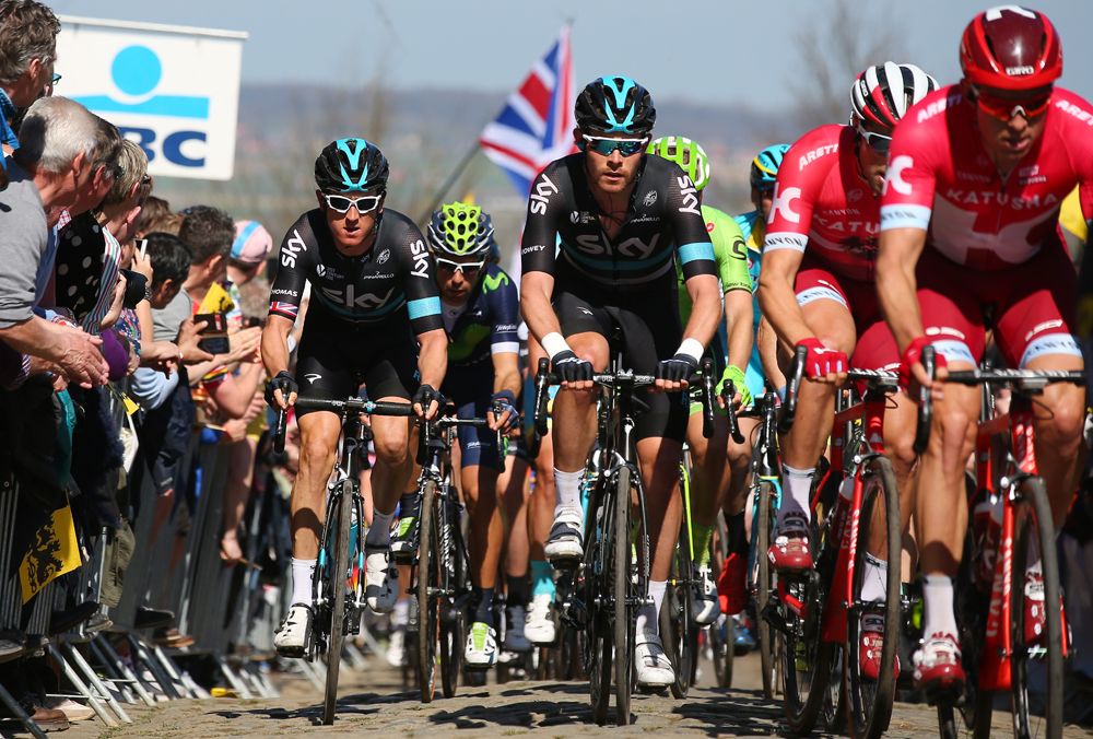 The front of the peloton at the Tour of Flanders
