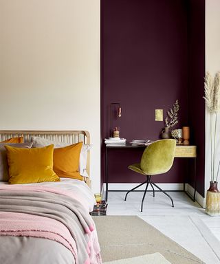 Bedroom paint ideas with plum painted alcove with desk and gold velvet chair