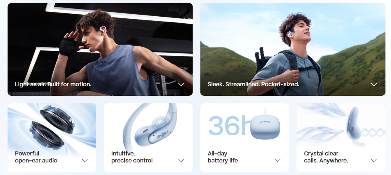 An info sheet for the Shokz OpenFit Air 2, detailing comfortability, 36 hours battery with the case, and more.