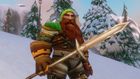 A screenshot of the World of Warcraft: Forever beta. A Dwarf with a long bear wields a spear on a snowy hill.