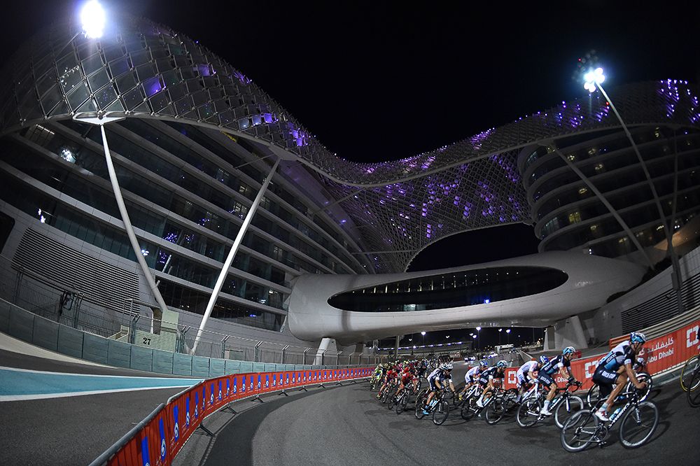 The Abu Dhabi peloton in action at the Yas Marina Formula One track.