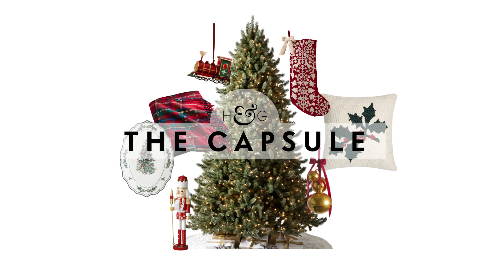 an assortment of Christmas decor around a tall Christmas tree