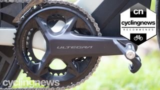 A close up of the crankset from the Shimano Ultegra groupset