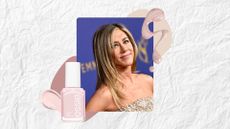 Jennifer Aniston is pictured wearing a gold dress at the 76th Primetime Emmy Awards held at Peacock Theater on September 15, 2024, in Los Angeles, California, alongside a product shot of the essie Mademoiselle nail polish, in a white paper-effect template with pastel pink nail polish spills.