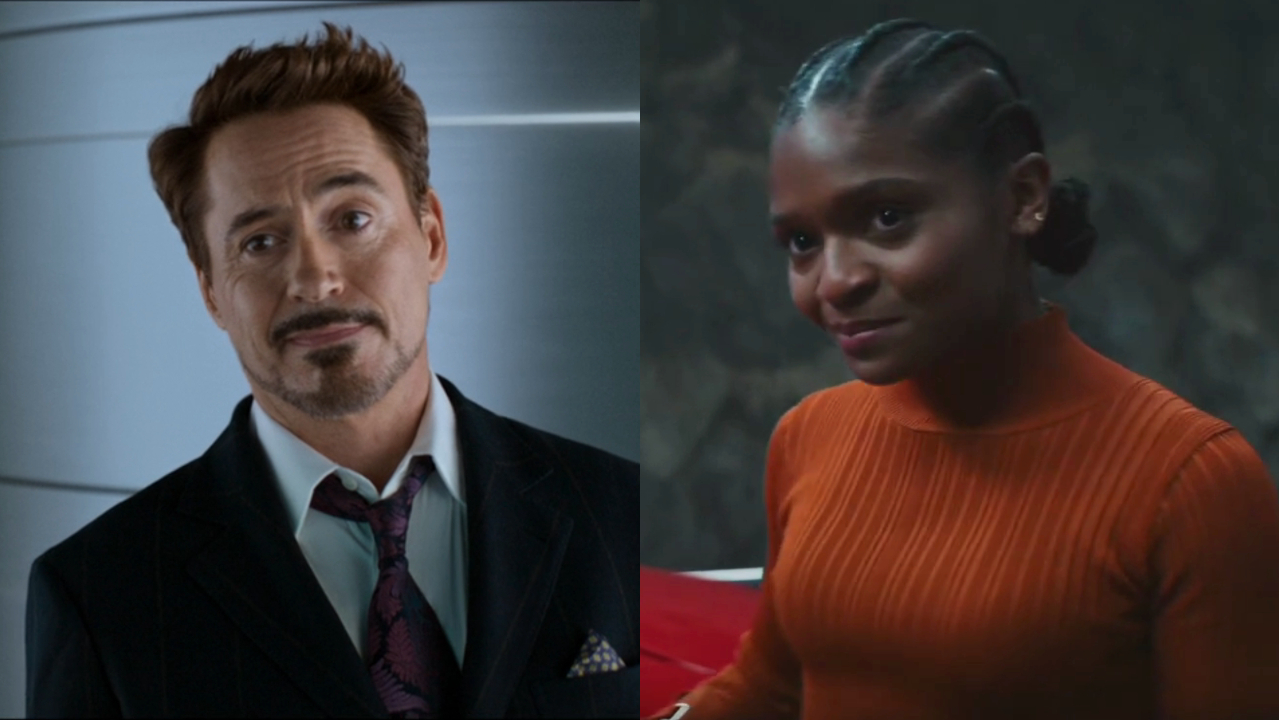 Robert Downey Jr. stands smiling with his head cocked to the side in Spider-Man: Homecoming, pictured next to Dominique Thorne smiling with her head slightly bowed in Black Panther: Wakanda Forever.