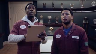 Kevin and Damon stare at something off camera in 2023's House Party