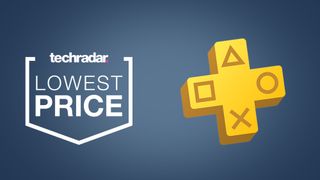 PS Plus logo on a blue background next to techradar deals lowest price badge
